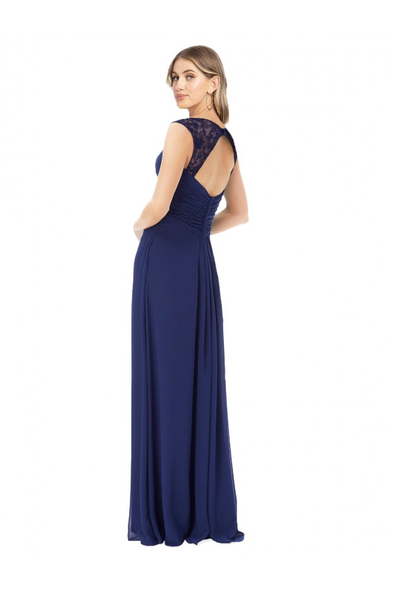 Site de Comprimento Chão Mangas Curtas Chiffon Safira Linha A Vestidos de Madrinha