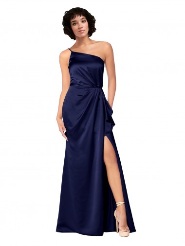 Site de Comprimento Chão Sem Mangas Cetim Sedoso Safira Linha A Sem Mangas Um Ombro Vestidos de Madrinha / Vestidos de Noite / Vestidos de Festa