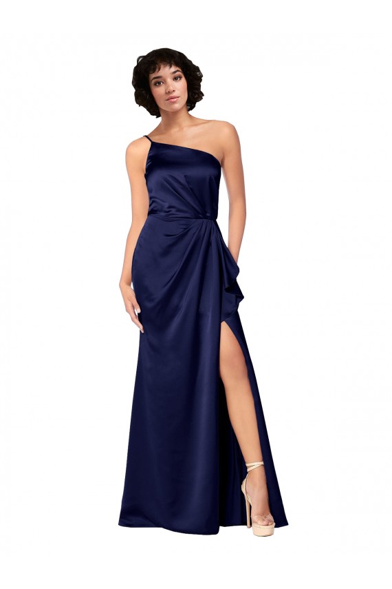 Site de Comprimento Chão Sem Mangas Cetim Sedoso Safira Linha A Sem Mangas Um Ombro Vestidos de Madrinha / Vestidos de Noite / Vestidos de Festa