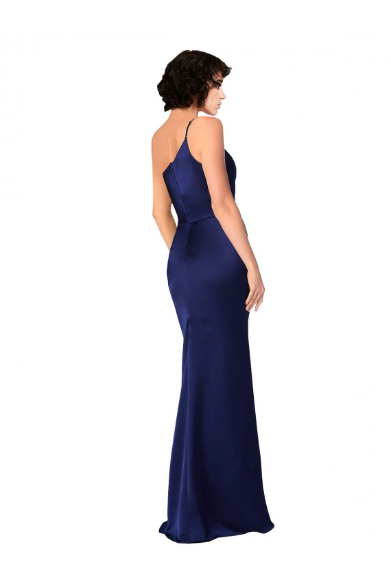 Site de Comprimento Chão Sem Mangas Cetim Sedoso Safira Linha A Sem Mangas Um Ombro Vestidos de Madrinha / Vestidos de Noite / Vestidos de Festa