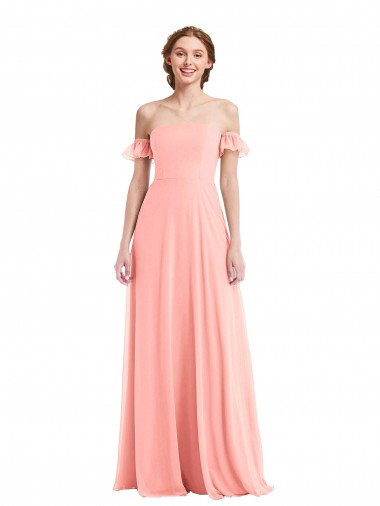 Site de Comprimento Chão Mangas Esvoaçantes Chiffon Salmão Linha A Vestidos de Madrinha