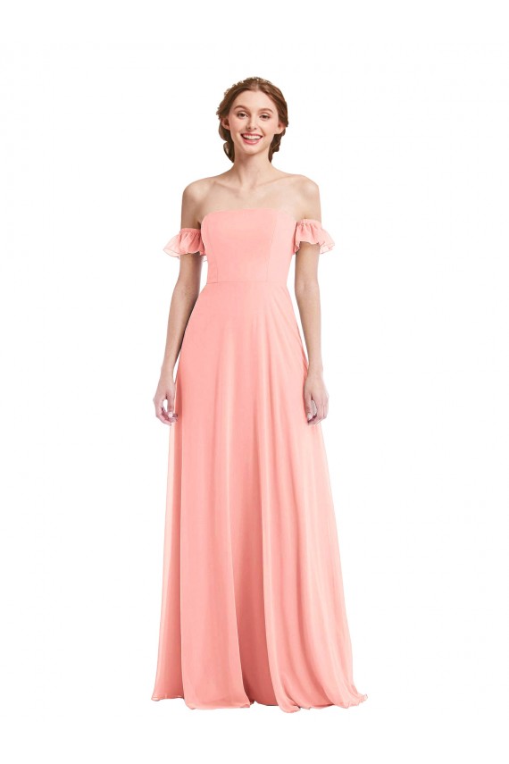 Site de Comprimento Chão Mangas Esvoaçantes Chiffon Salmão Linha A Vestidos de Madrinha