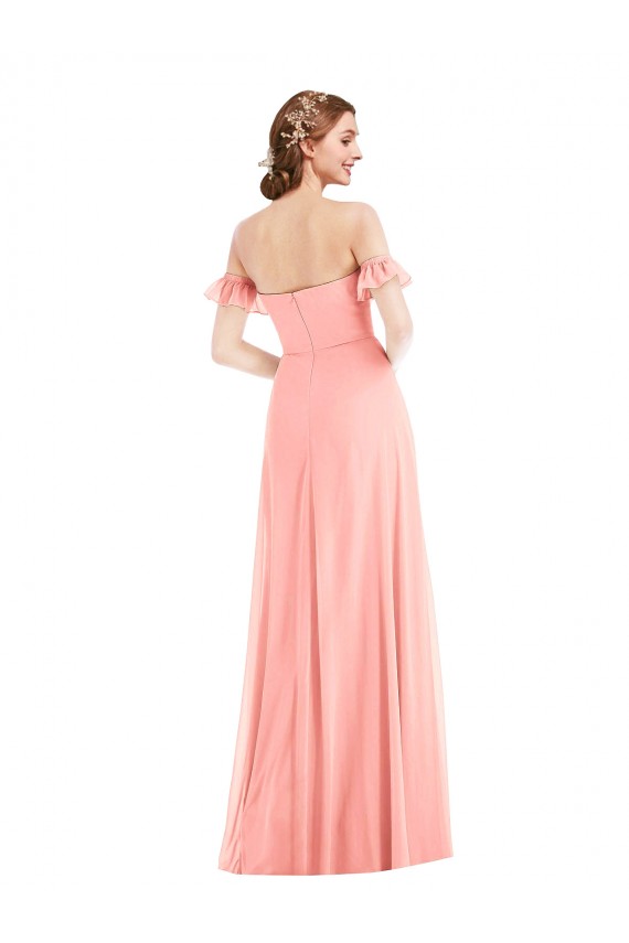 Site de Comprimento Chão Mangas Esvoaçantes Chiffon Salmão Linha A Vestidos de Madrinha