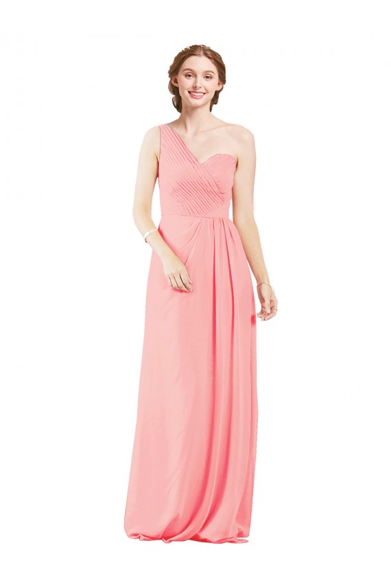 Site de Comprimento Chão Sem Mangas Chiffon Salmão Linha A Sem Mangas Um Ombro Vestidos de Madrinha