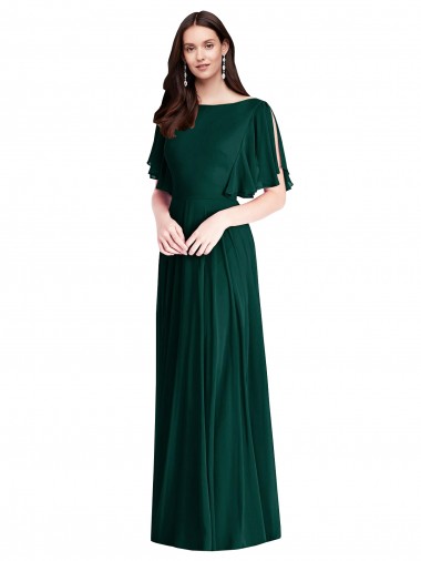 Site de Comprimento Chão Mangas Sino Chiffon Sempre Verde Linha A Vestidos de Madrinha