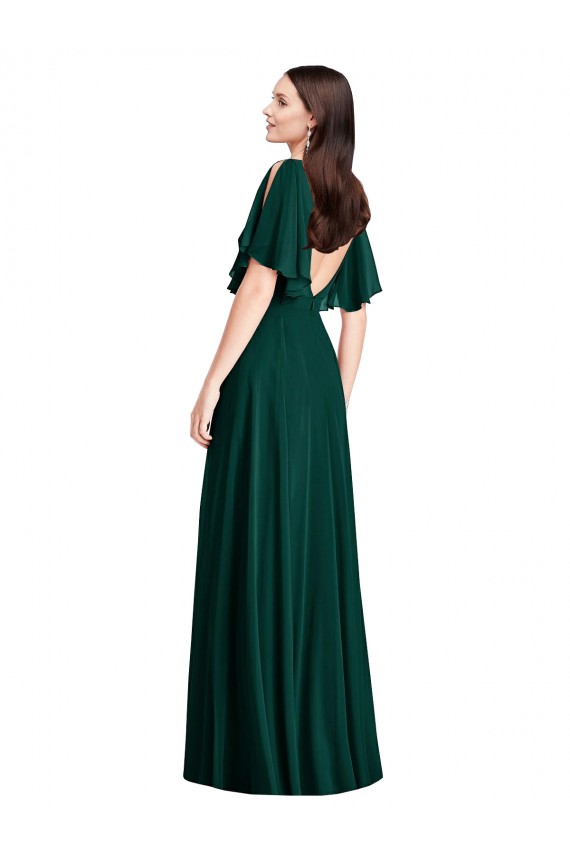 Site de Comprimento Chão Mangas Sino Chiffon Sempre Verde Linha A Vestidos de Madrinha