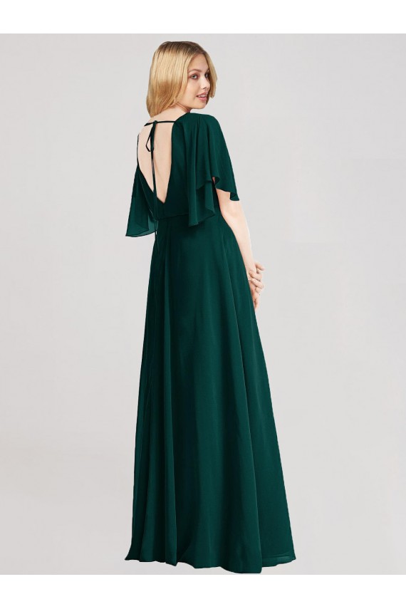 Site de Comprimento Chão Mangas Esvoaçantes Chiffon Sempre Verde Linha A Vestidos de Madrinha