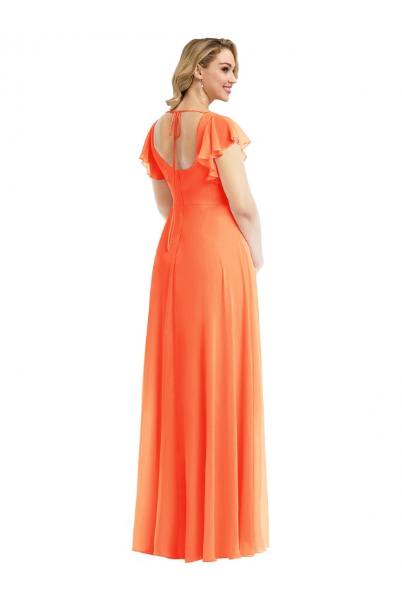 Site de Comprimento Chão Mangas Esvoaçantes Chiffon Tango Tangerina Linha A Vestidos de Madrinha
