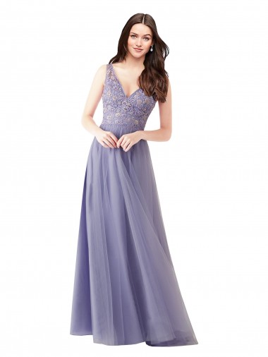 Site de Comprimento Chão Sem Mangas Tule & Renda Linha A Vestidos de Madrinha