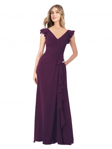 Site de Comprimento Chão Mangas Curtas Chiffon Uva Linha A Vestidos de Madrinha