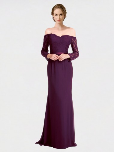 Site de Comprimento Chão Mangas Compridas Chiffon & Renda Uva Sereia Vestidos de Madrinha