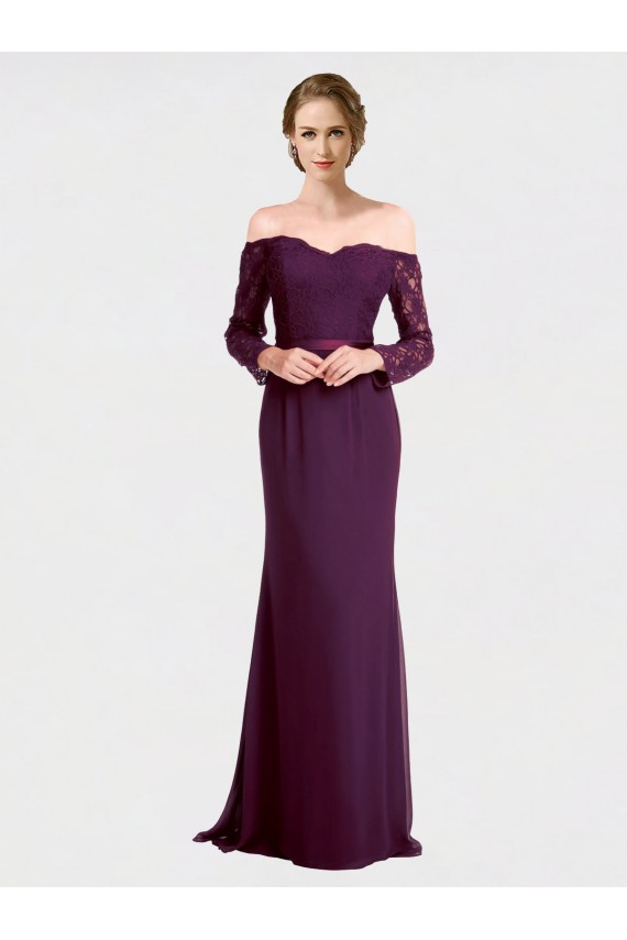 Site de Comprimento Chão Mangas Compridas Chiffon & Renda Uva Sereia Vestidos de Madrinha