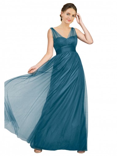 Site de Comprimento Chão Sem Mangas Tule Verde Azulado Linha A Vestidos de Madrinha