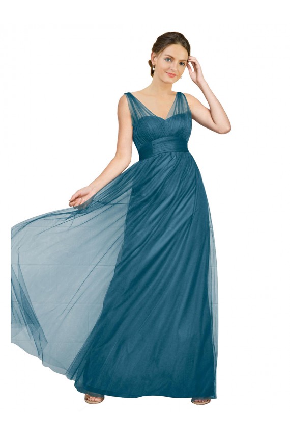 Site de Comprimento Chão Sem Mangas Tule Verde Azulado Linha A Vestidos de Madrinha