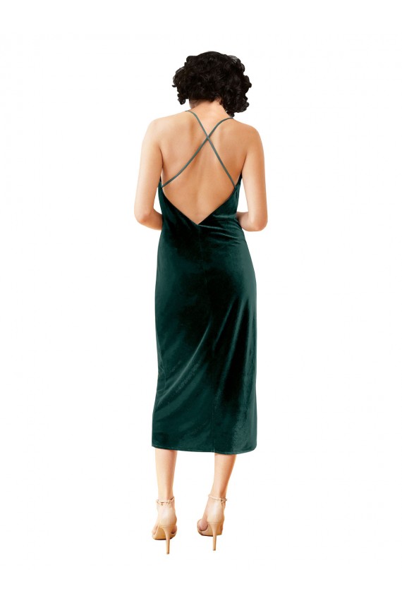 Site de Comprimento Midi Sem Mangas Veludo Elástico Verde Escuro Bainha Vestidos de Madrinha / Vestidos de Noite / Vestidos de Festa
