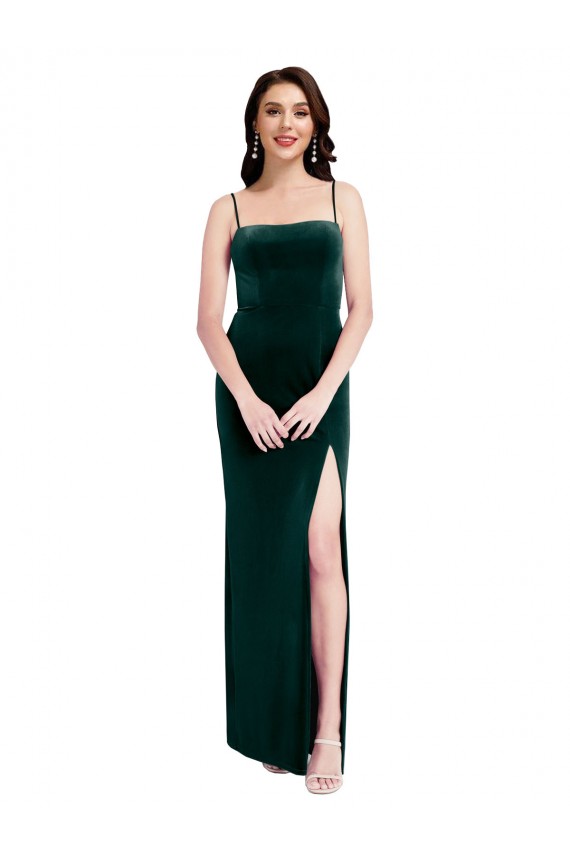 Site de Comprimento Chão Sem Mangas Veludo Elástico Verde Escuro Bainha Vestidos de Madrinha / Vestidos de Festa