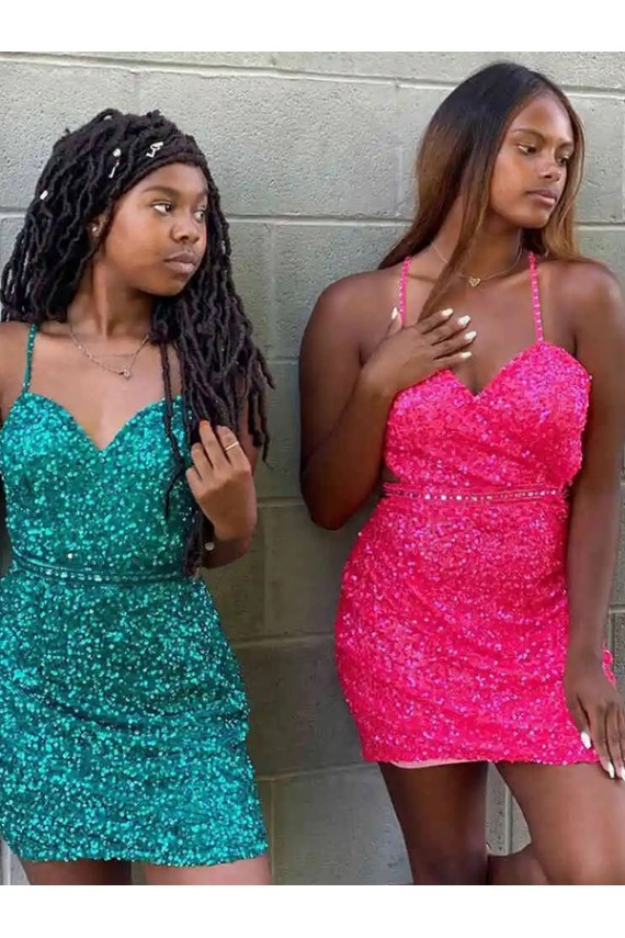 Site de Curto Sem Mangas Lantejoulas Veludo Verde Escuro Bainha Vestidos de Festa