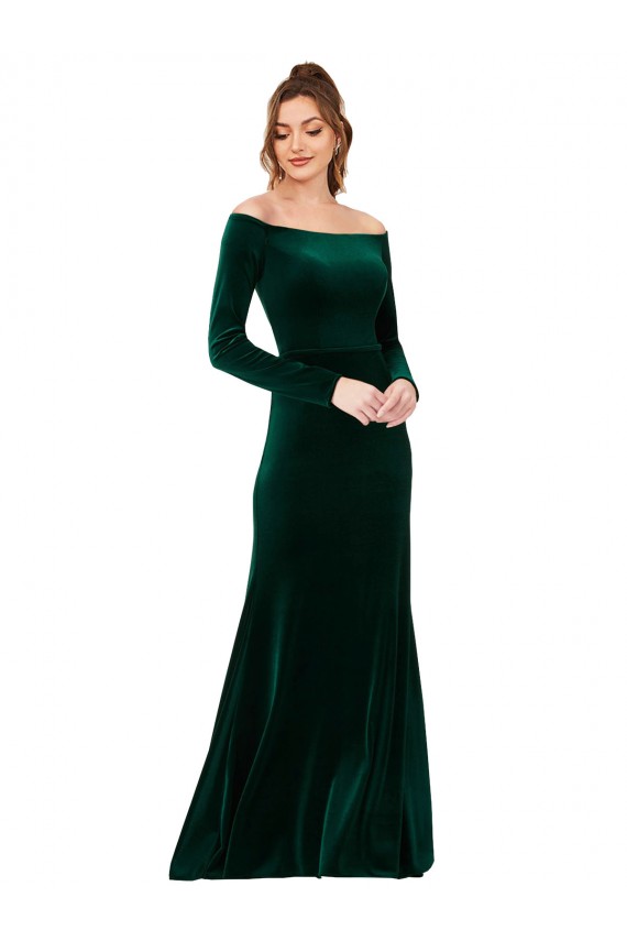 Site de Comprimento Chão Mangas Compridas Veludo Elástico Verde Escuro Bainha Vestidos de Madrinha / Vestidos de Noite / Vestidos de Festa