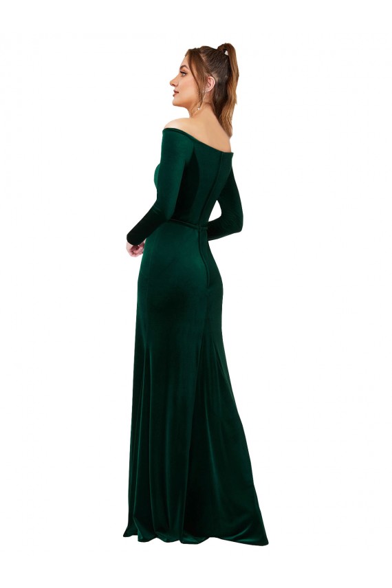 Site de Comprimento Chão Mangas Compridas Veludo Elástico Verde Escuro Bainha Vestidos de Madrinha / Vestidos de Noite / Vestidos de Festa
