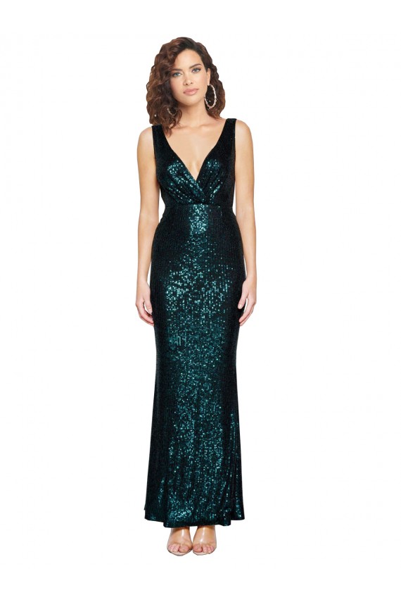 Site de Comprimento Chão Sem Mangas Lantejoulas Verde Escuro Sereia Vestidos de Madrinha / Vestidos de Noite / Vestidos de Festa