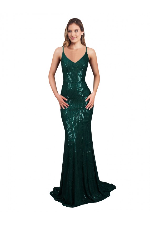 Site de Comprimento Chão Sem Mangas Lantejoulas Verde Escuro Sereia Sem Mangas Vestidos de Madrinha / Vestidos de Noite / Vestidos de Festa