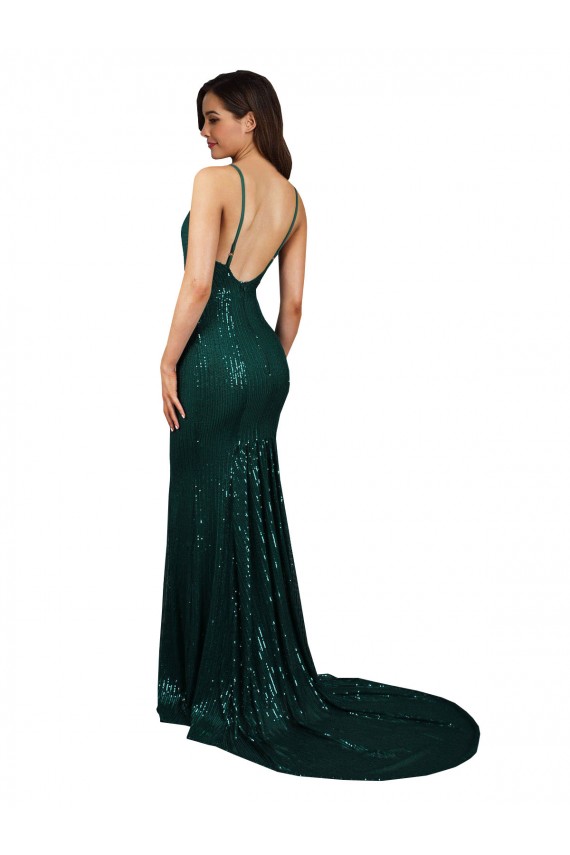 Site de Comprimento Chão Sem Mangas Lantejoulas Verde Escuro Sereia Sem Mangas Vestidos de Madrinha / Vestidos de Noite / Vestidos de Festa