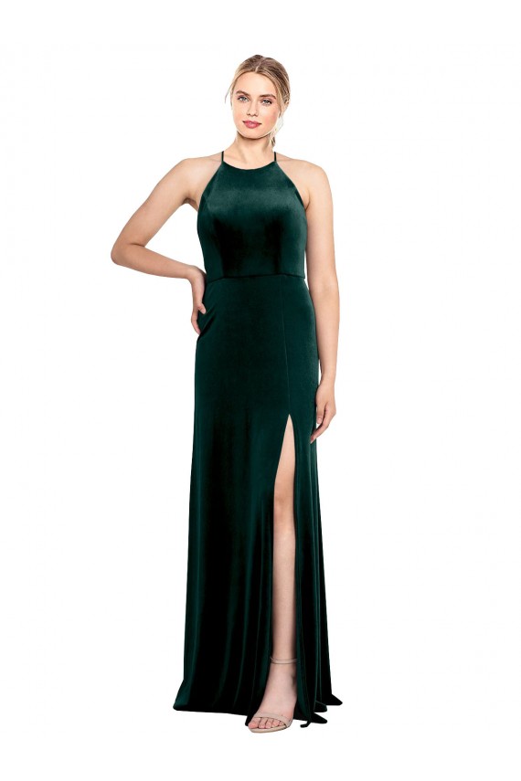 Site de Comprimento Chão Sem Mangas Veludo Elástico Verde Escuro Linha A Sem Mangas Alças finas Vestidos de Madrinha / Vestidos de Festa
