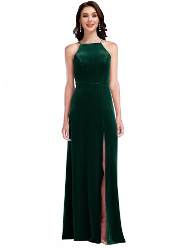 Site de Comprimento Chão Sem Mangas Veludo Elástico Verde Escuro Linha A Sem Mangas Cabeçada Vestidos de Madrinha / Vestidos de Festa