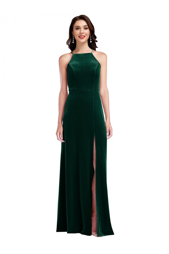 Site de Comprimento Chão Sem Mangas Veludo Elástico Verde Escuro Linha A Sem Mangas Cabeçada Vestidos de Madrinha / Vestidos de Festa