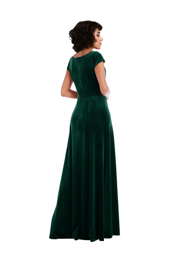 Site de Comprimento Chão Mangas Curtas Veludo Elástico Verde Escuro Linha A Vestidos de Madrinha / Vestidos de Festa
