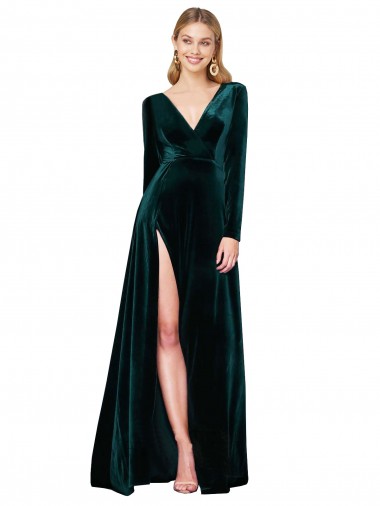 Site de Comboio Varredela Mangas Compridas Veludo Elástico Verde Escuro Linha A Vestidos de Madrinha / Vestidos de Noite / Vestidos de Festa