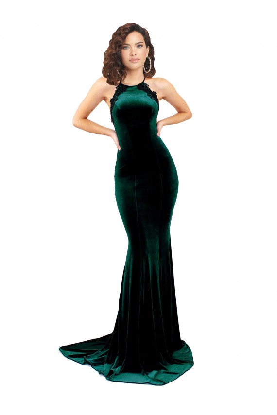 Site de Comboio Varredela Sem Mangas Veludo Elástico Verde Escuro Sereia Vestidos de Madrinha / Vestidos de Noite / Vestidos de Festa