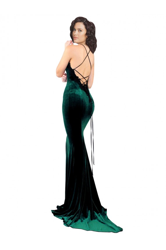 Site de Comboio Varredela Sem Mangas Veludo Elástico Verde Escuro Sereia Vestidos de Madrinha / Vestidos de Noite / Vestidos de Festa