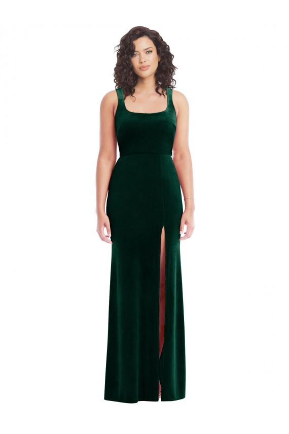 Site de Comprimento Chão Sem Mangas Veludo Elástico Verde Escuro Trombeta Sem Mangas Vestidos de Madrinha / Vestidos de Festa