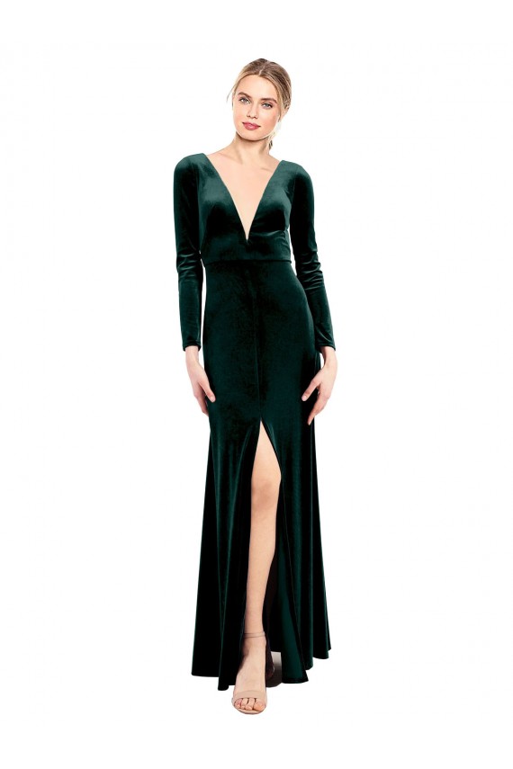 Site de Comprimento Chão Mangas Compridas Veludo Elástico Verde Escuro Linha A Vestidos de Madrinha / Vestidos de Festa