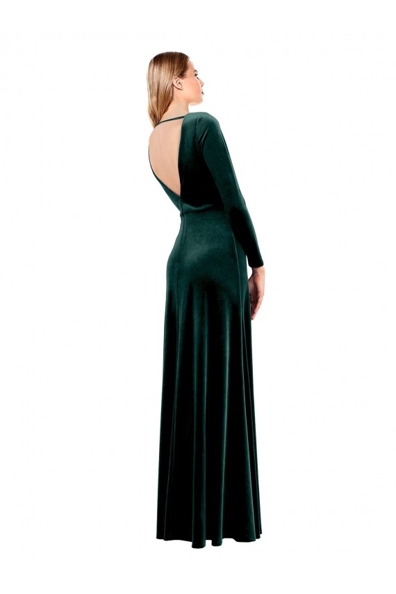 Site de Comprimento Chão Mangas Compridas Veludo Elástico Verde Escuro Linha A Vestidos de Madrinha / Vestidos de Festa