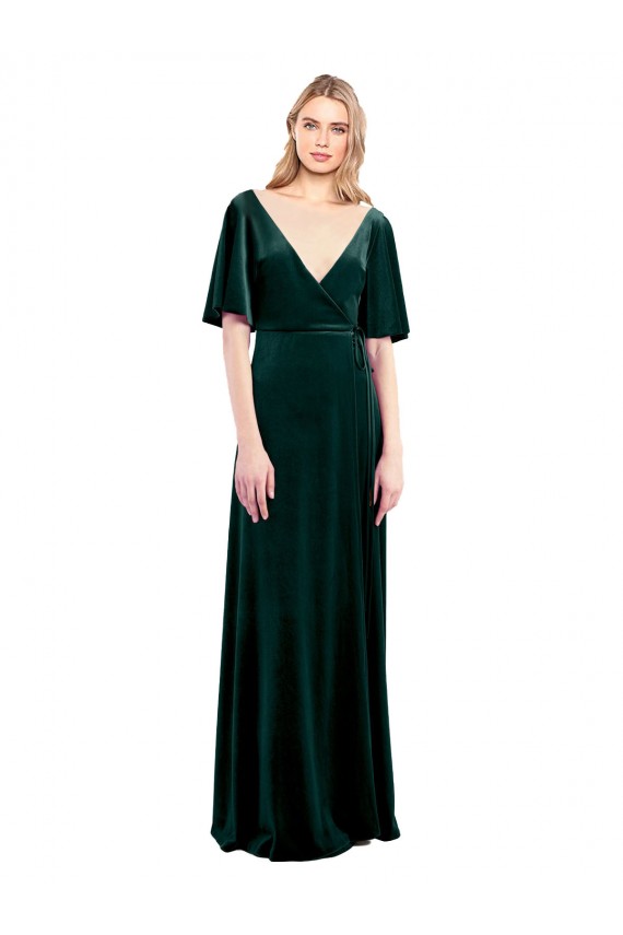 Site de Comprimento Chão Mangas Esvoaçantes Veludo Elástico Verde Escuro Linha A Vestidos de Madrinha / Vestidos de Festa