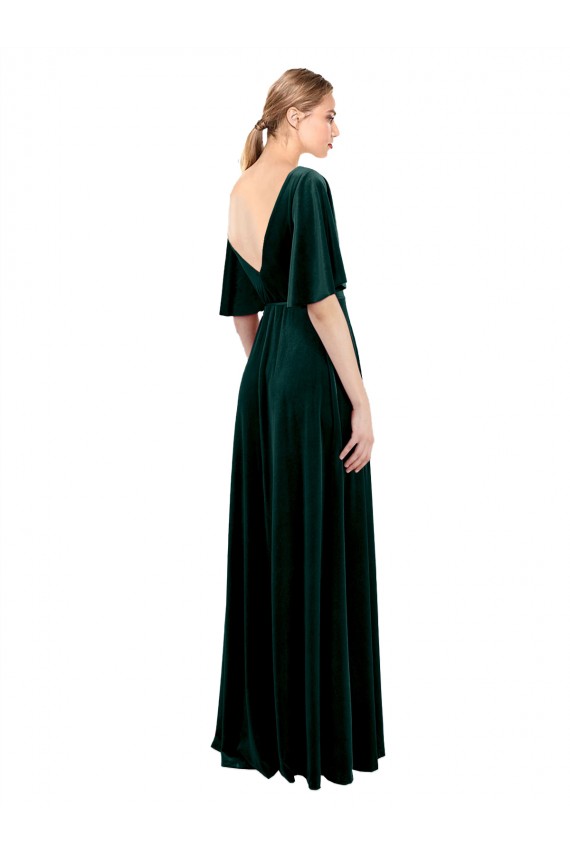 Site de Comprimento Chão Mangas Esvoaçantes Veludo Elástico Verde Escuro Linha A Vestidos de Madrinha / Vestidos de Festa