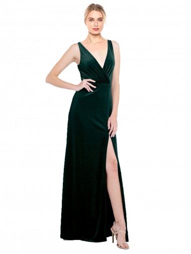 Site de Comprimento Chão Sem Mangas Veludo Elástico Verde Escuro Linha A Vestidos de Madrinha / Vestidos de Noite / Vestidos de Festa