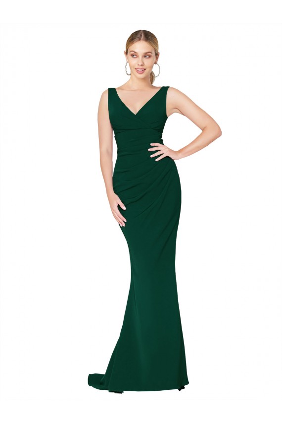 Site de Comprimento Chão Sem Mangas Crepe Esticado Verde Meia-Noite Sereia Vestidos de Madrinha / Vestidos de Noite / Vestidos de Festa