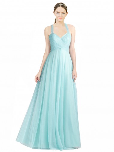 Site de Comprimento Chão Sem Mangas Tule Verde Menta Linha A Vestidos de Madrinha