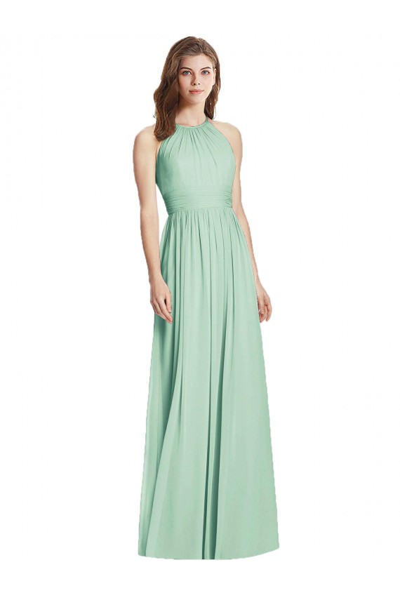Site de Comprimento Chão Sem Mangas Chiffon Verde Menta Linha A Vestidos de Madrinha