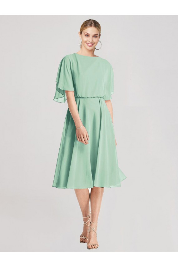 Site de Comprimento Joelho Mangas Esvoaçantes Chiffon Verde Menta Linha A Vestidos de Madrinha