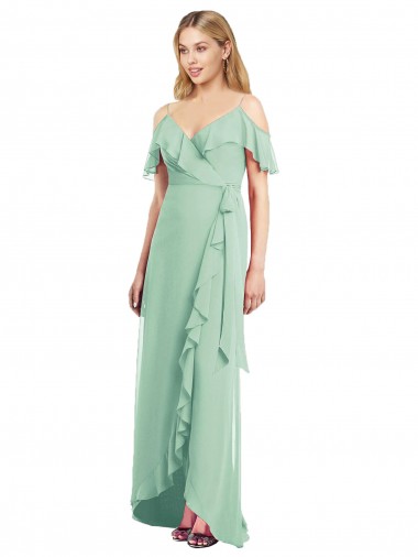 Site de Alto Baixo Ombro Frio Chiffon Verde Menta Trombeta Alto Baixo, Vestidos de Madrinha