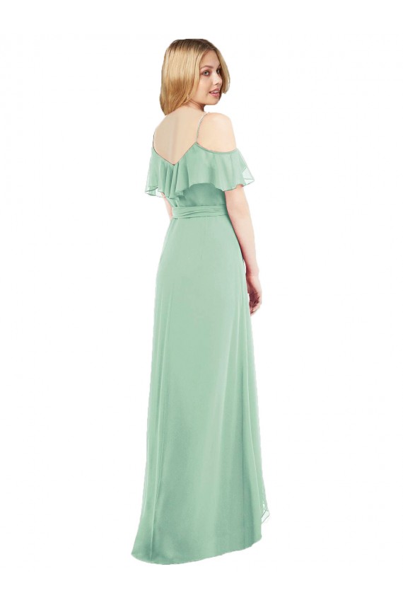 Site de Alto Baixo Ombro Frio Chiffon Verde Menta Trombeta Alto Baixo, Vestidos de Madrinha