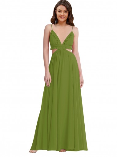 Site de Comprimento Chão Sem Mangas Chiffon Verde Oliva Linha A Vestidos de Madrinha