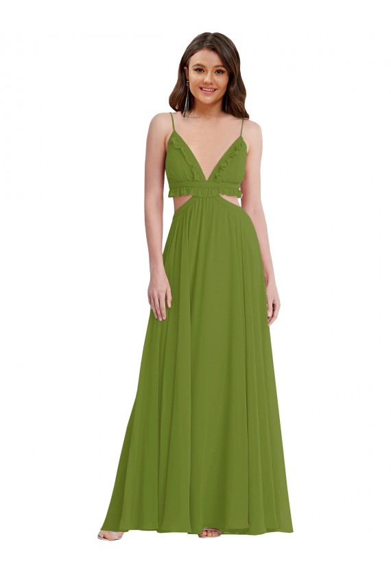 Site de Comprimento Chão Sem Mangas Chiffon Verde Oliva Linha A Vestidos de Madrinha