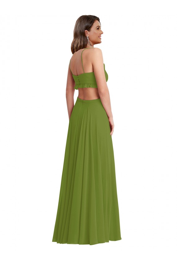 Site de Comprimento Chão Sem Mangas Chiffon Verde Oliva Linha A Vestidos de Madrinha