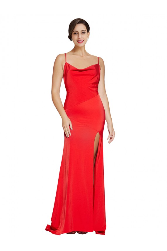 Site de Comprimento Chão Sem Mangas Cetim Elástico Vermelho Bainha Vestidos de Madrinha / Vestidos de Noite / Vestidos de Festa