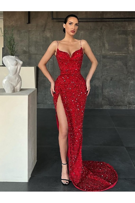 Site de Comboio Varredela Sem Mangas Lantejoulas Veludo Vermelho Bainha Vestidos de Festa